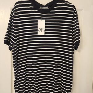 Zara Black and White Striped Crewneck Sweater